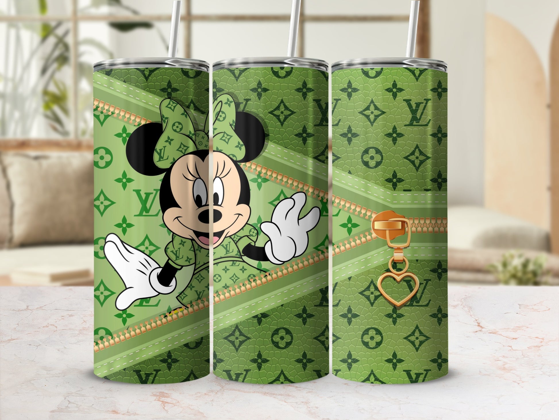 Minnie Mouse on green background with LV pattern and gold zipper detail.