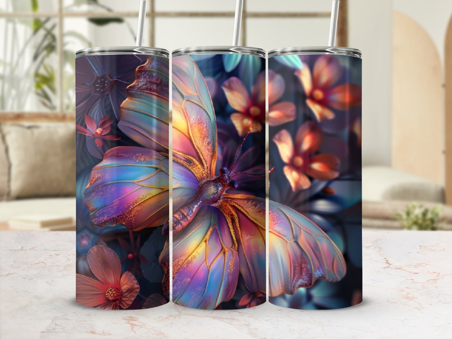 Tumbler with iridescent butterfly and floral design.