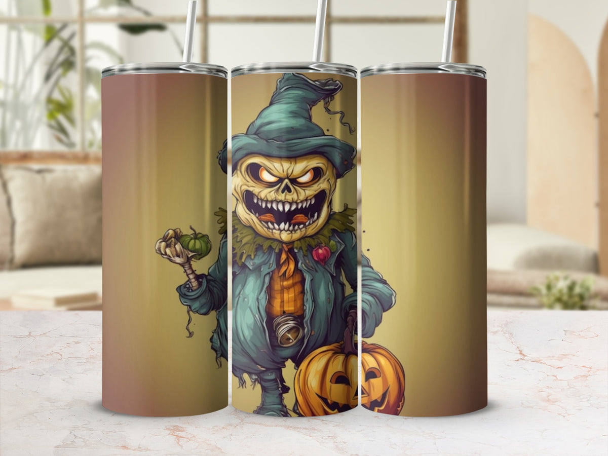 Tumblers feature a spooky, grinning scarecrow holding a pumpkin and a small gourd.