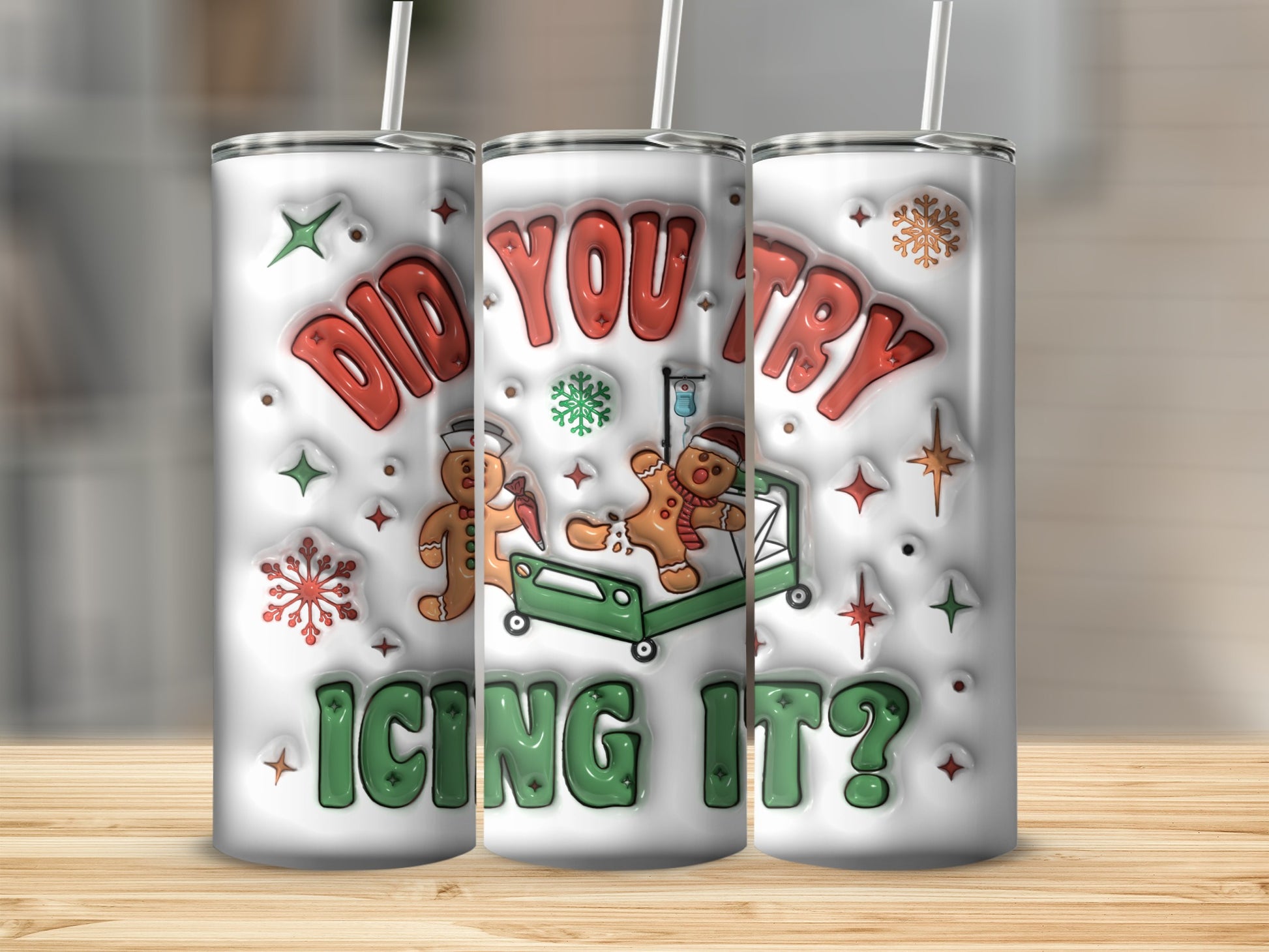 Gingerbread man on gurney with IV, text "DID YOU TRY ICING IT?".