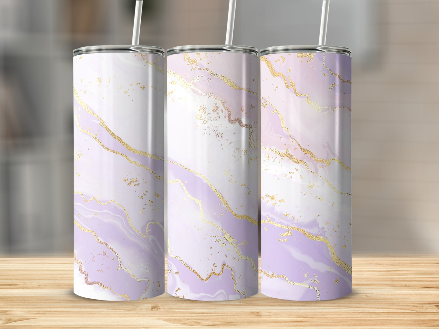 Three tall tumblers with a purple and gold marble pattern.