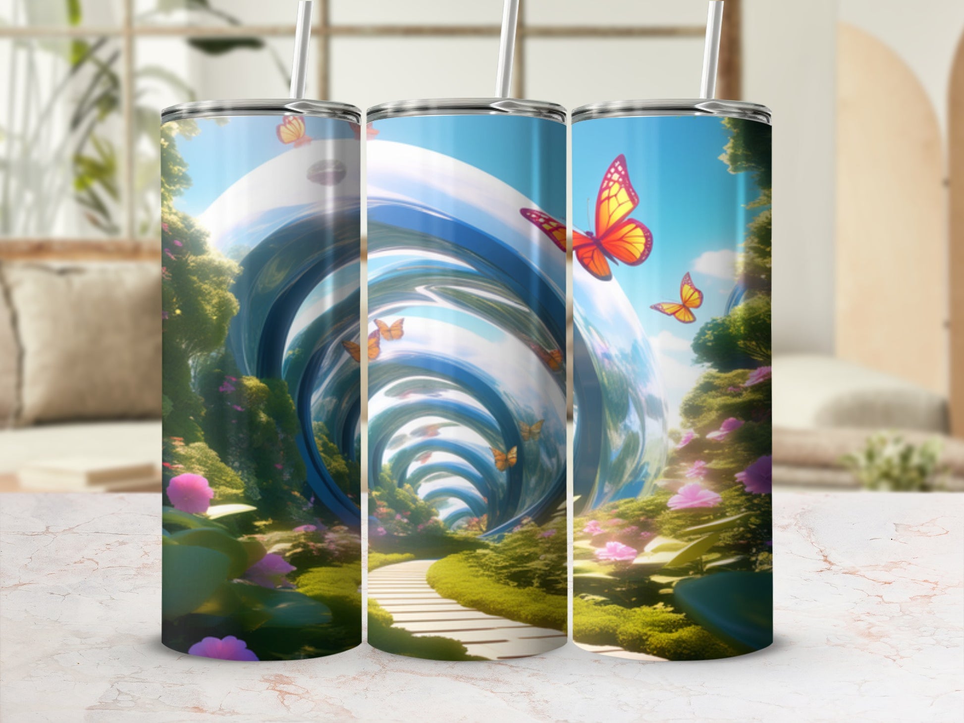 Butterfly-filled, glowing tunnel with path, flowers, and trees.