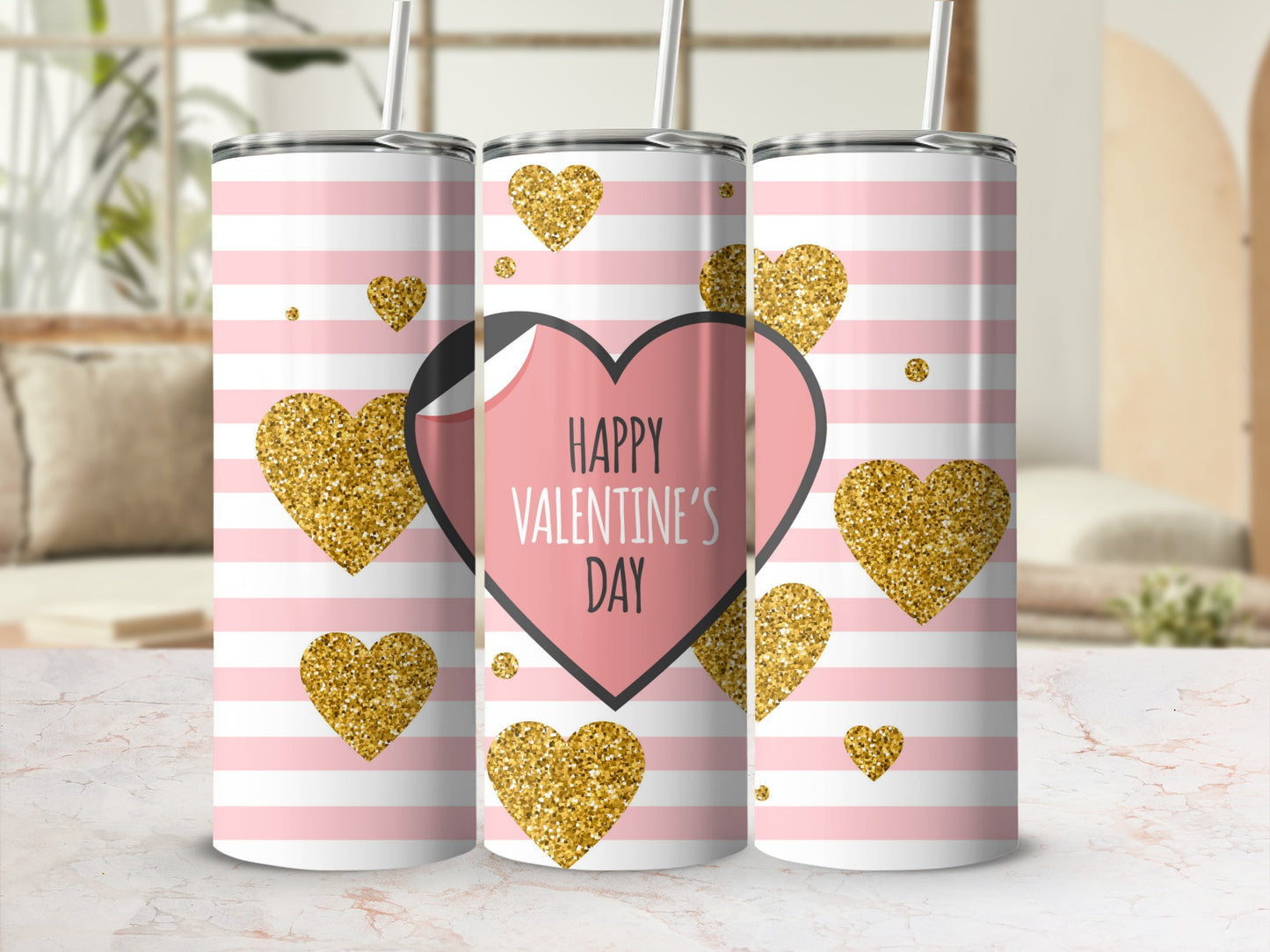Happy Valentine's Day Pink and Gold Glitter Hearts Cup