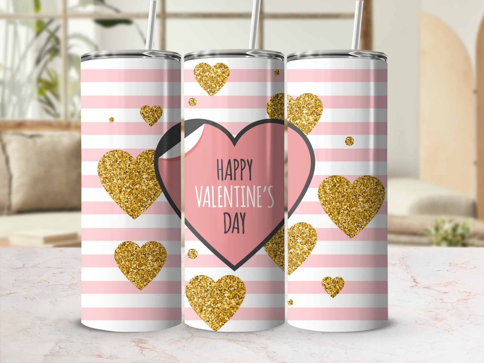 Happy Valentine's Day Pink and Gold Glitter Hearts Cup