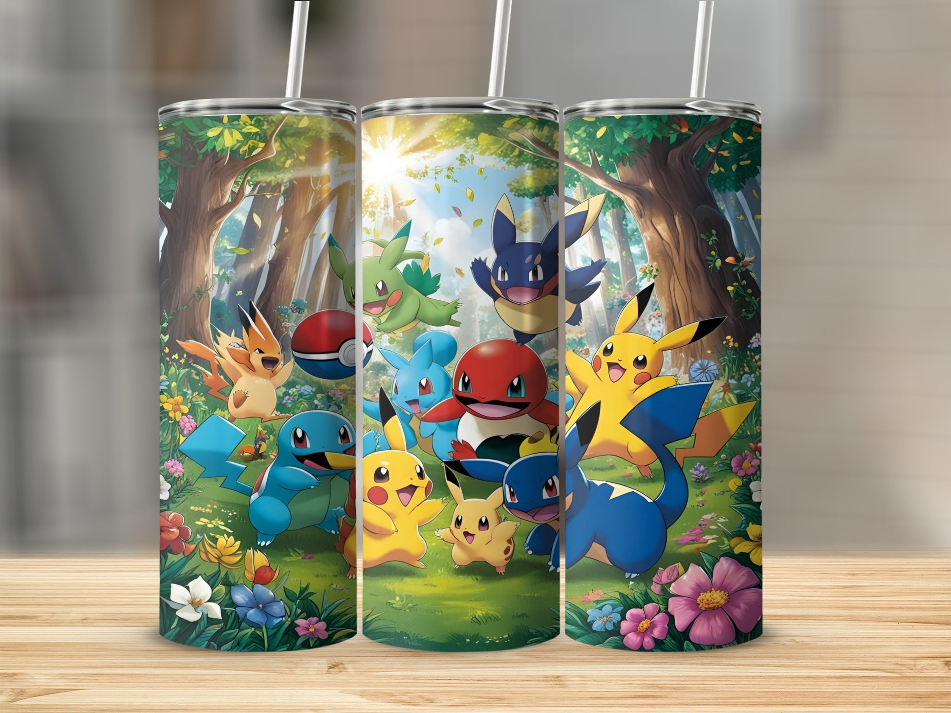 Pikachu, Squirtle, Charmander, and other Pokemon characters in a forest setting.
