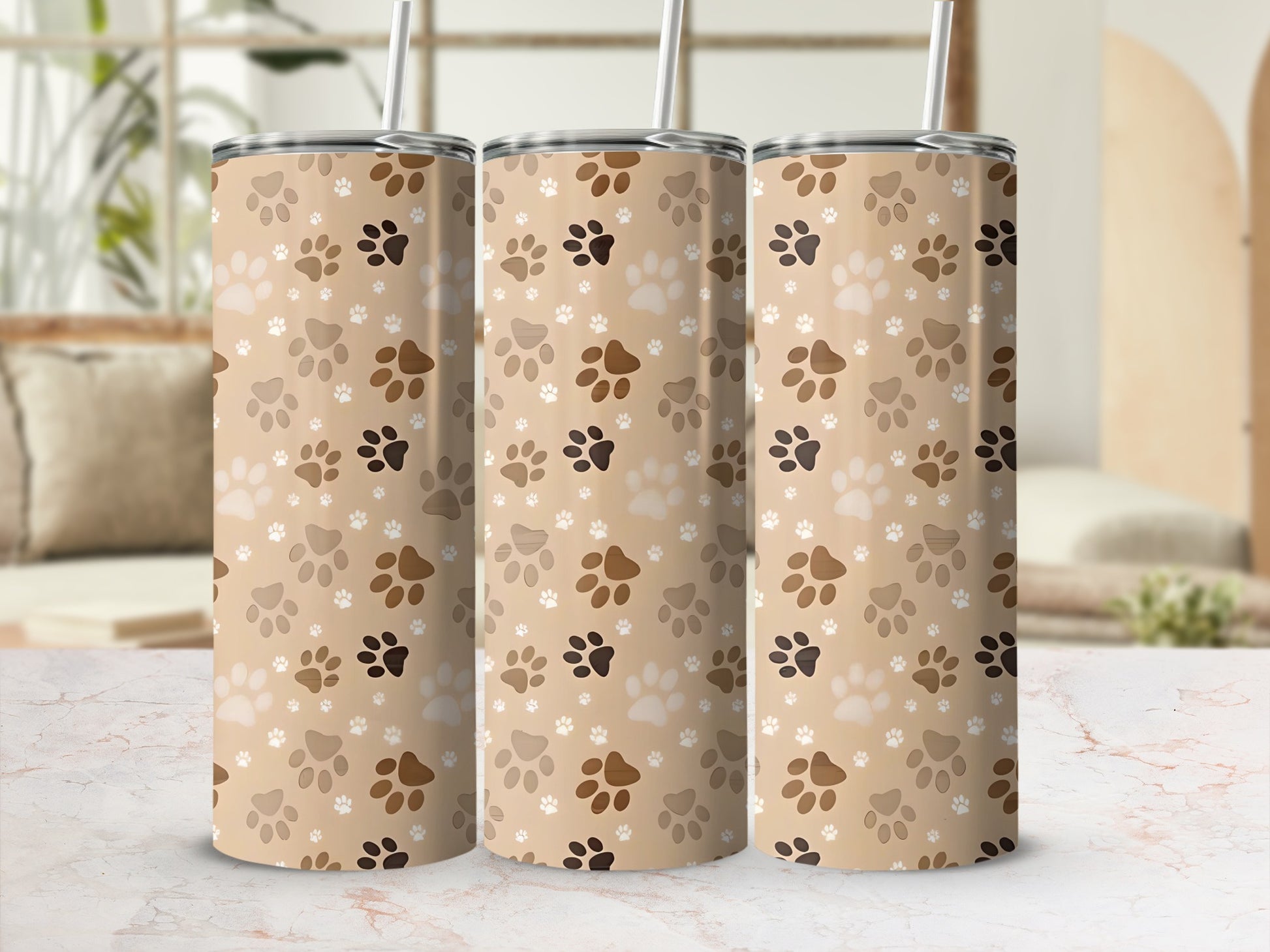 Paw Print Pattern Beige Background Tumbler product