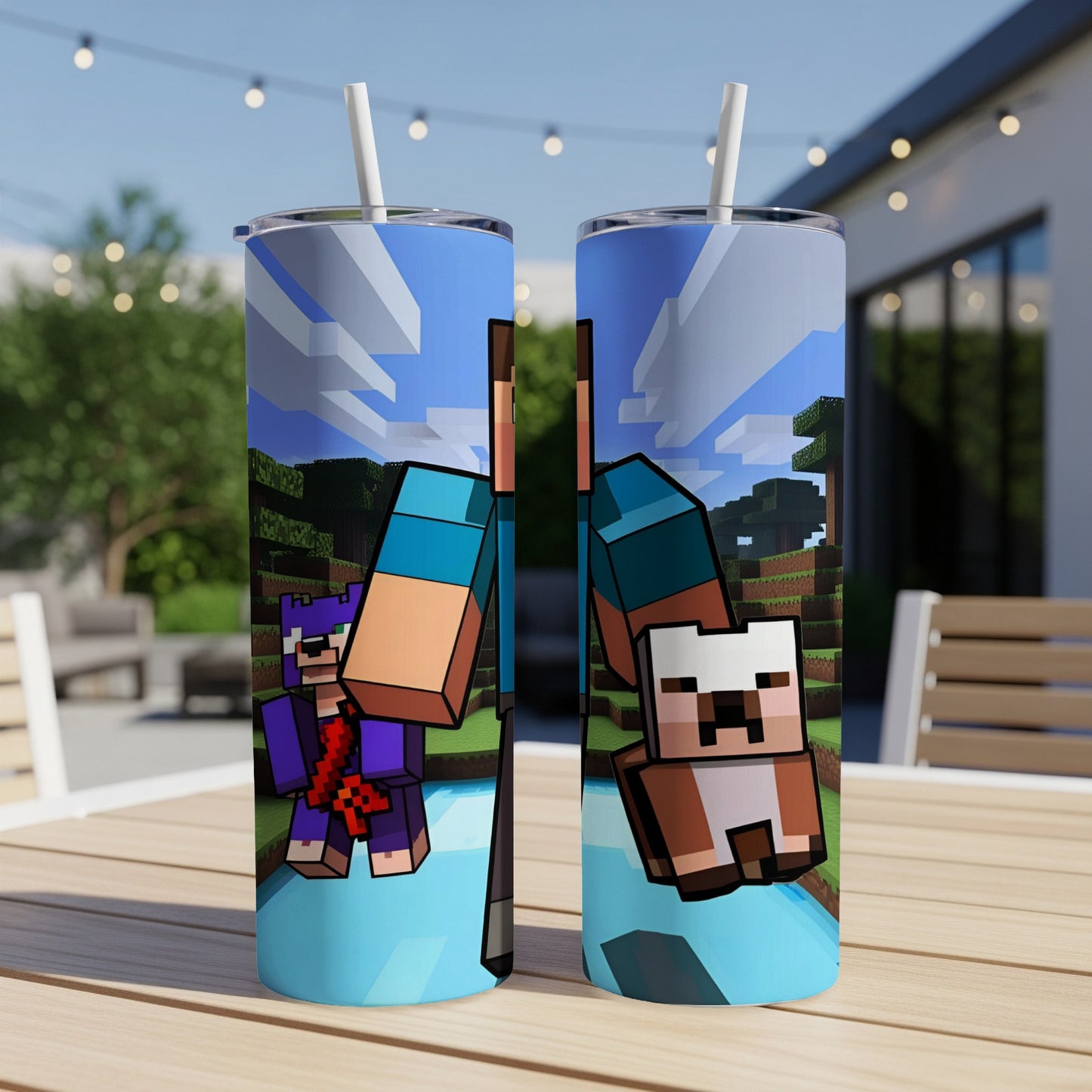 Minecraft characters Steve and Alex on a blue background with pixelated trees.