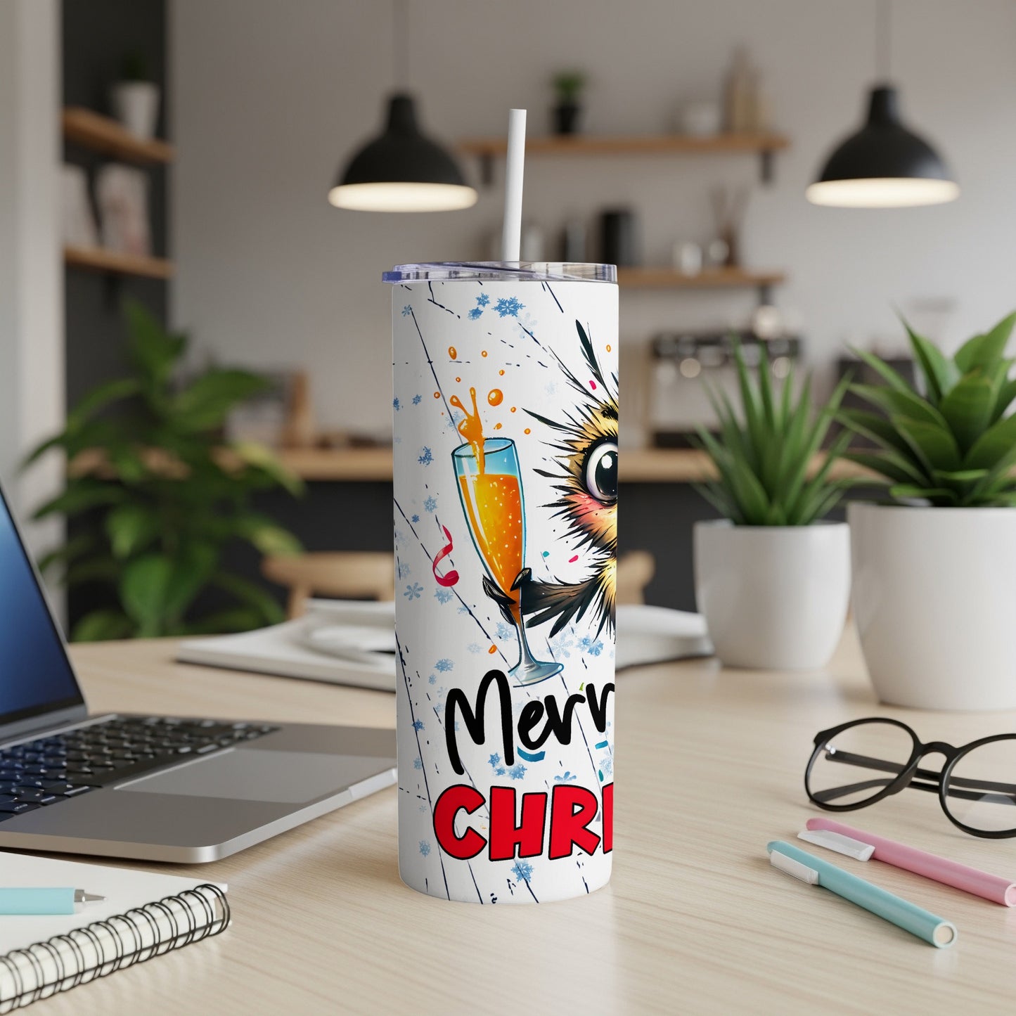White tumbler with a fluffy owl, champagne bubbles, and "Merry Chri" text.