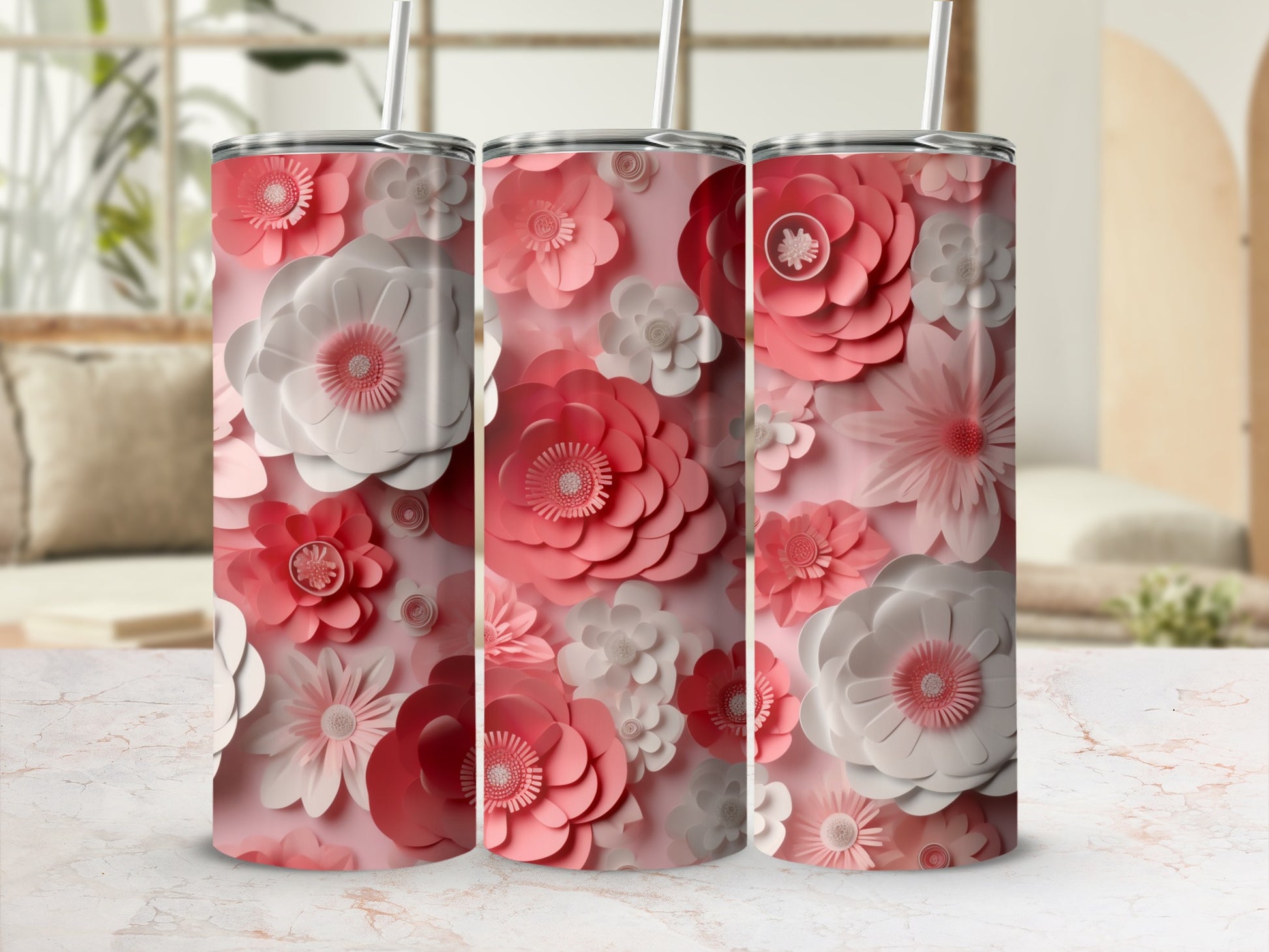Elegant Pink and White Floral Design Tumbler Cup