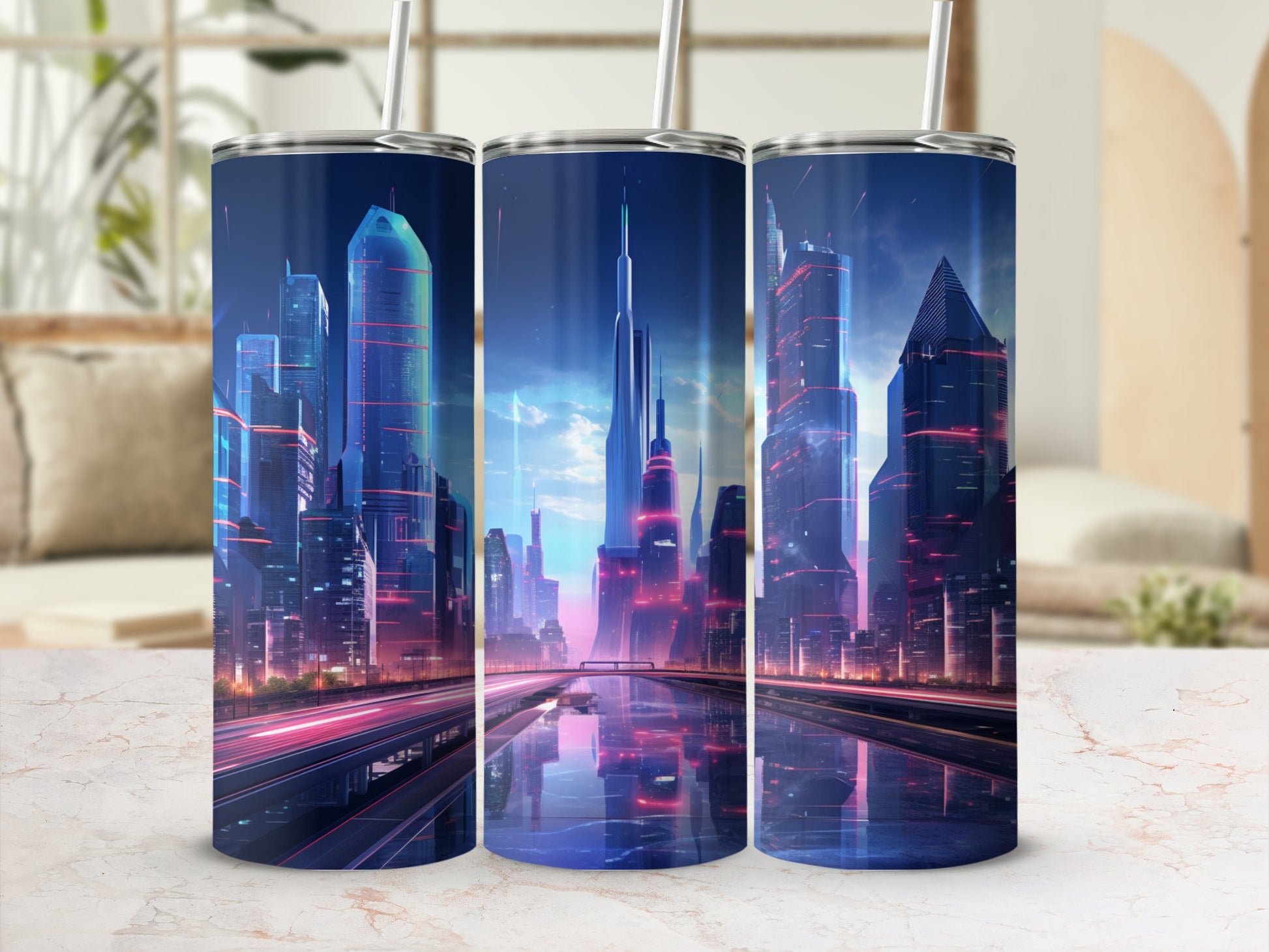 Futuristic Neon City Scene Insulated Tumbler Cup