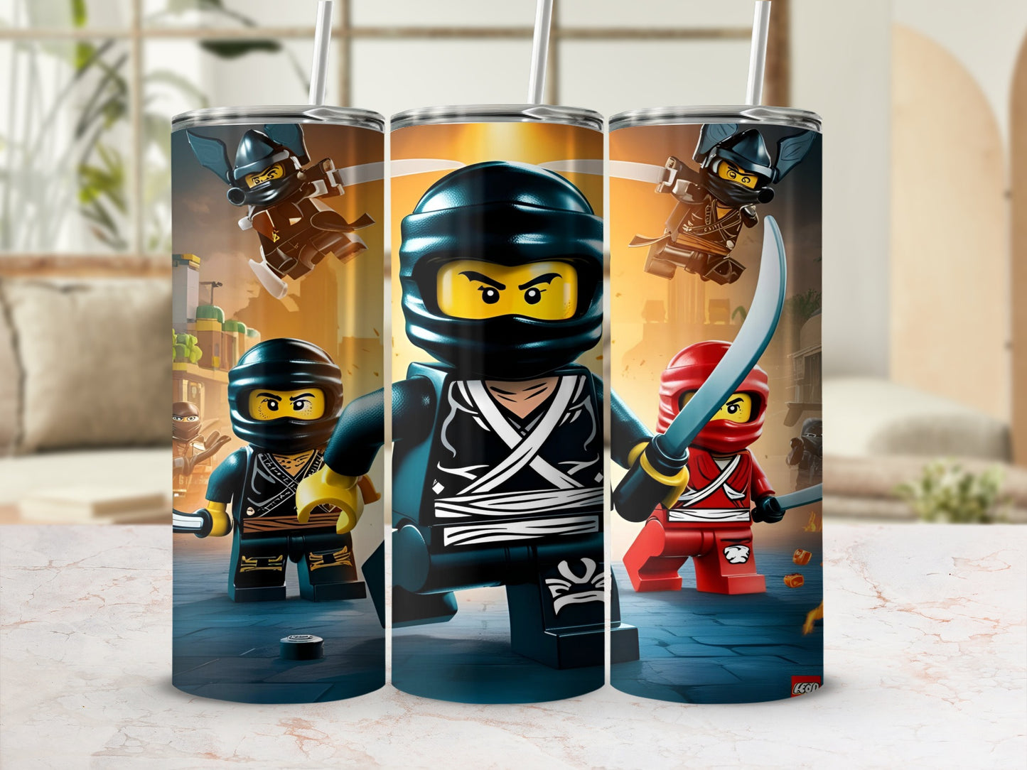 Lego Ninjago characters with weapons, on a tumbler design.