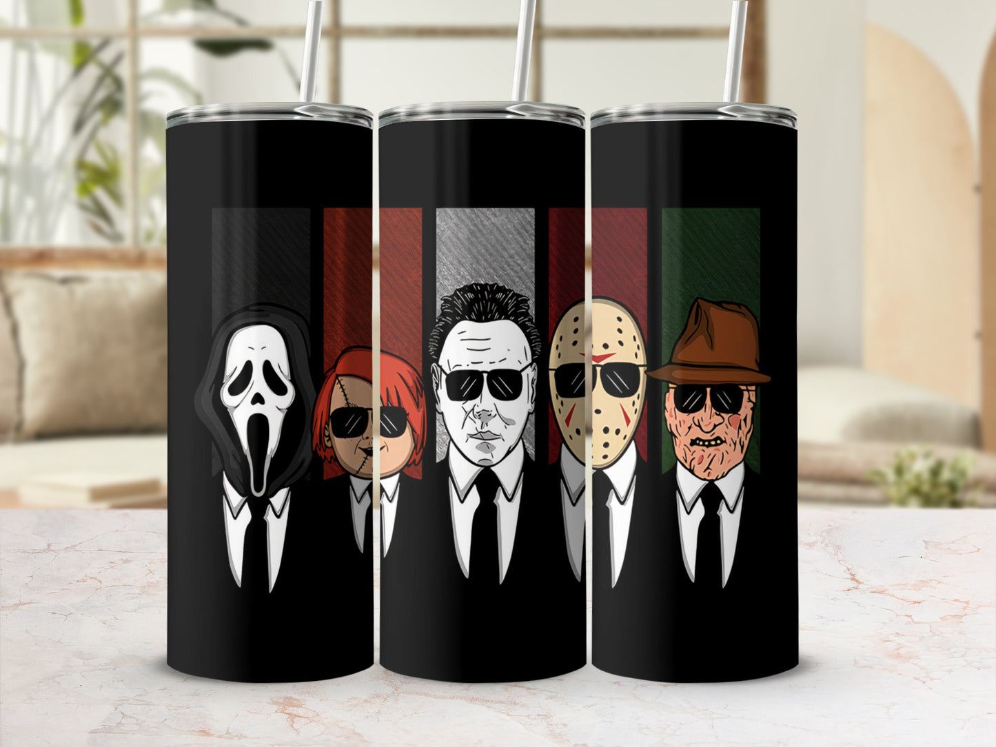 Five horror movie characters in suits with striped background.
