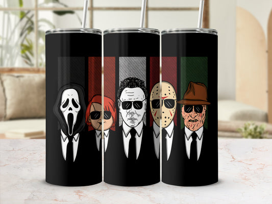 Five horror movie characters in suits with striped background.