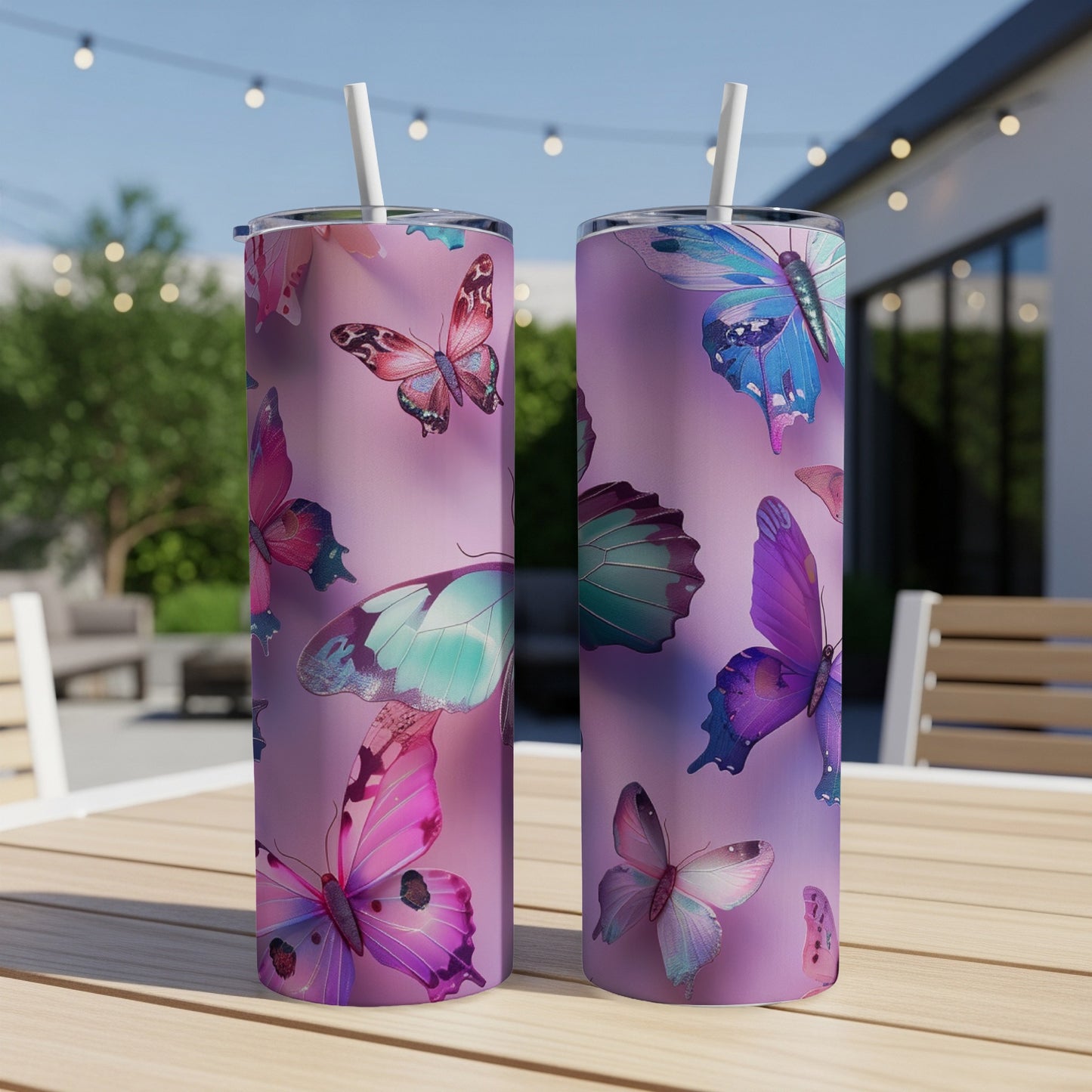 Two tumblers with purple background and scattered colorful butterflies.