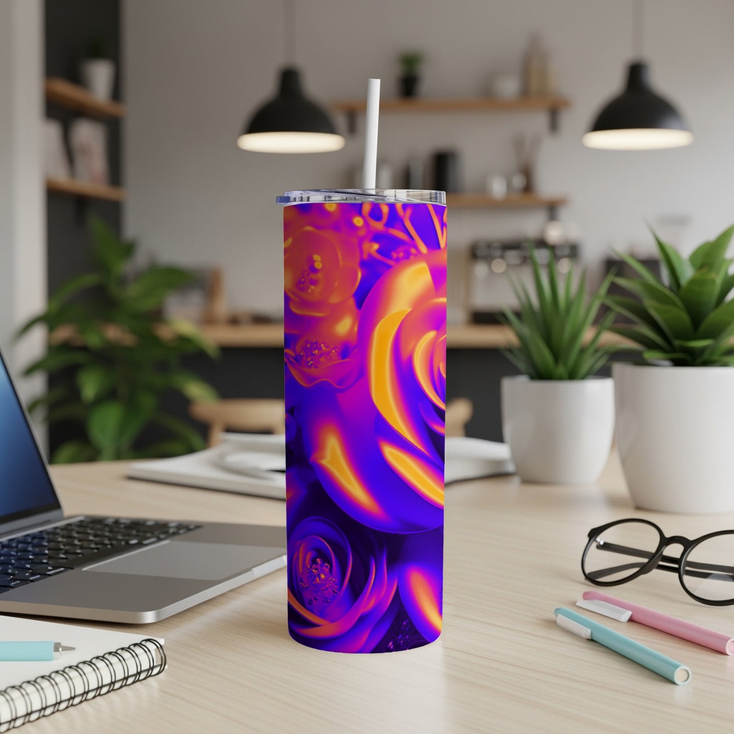 Tall tumbler with a vibrant, swirling floral pattern in purple and orange.