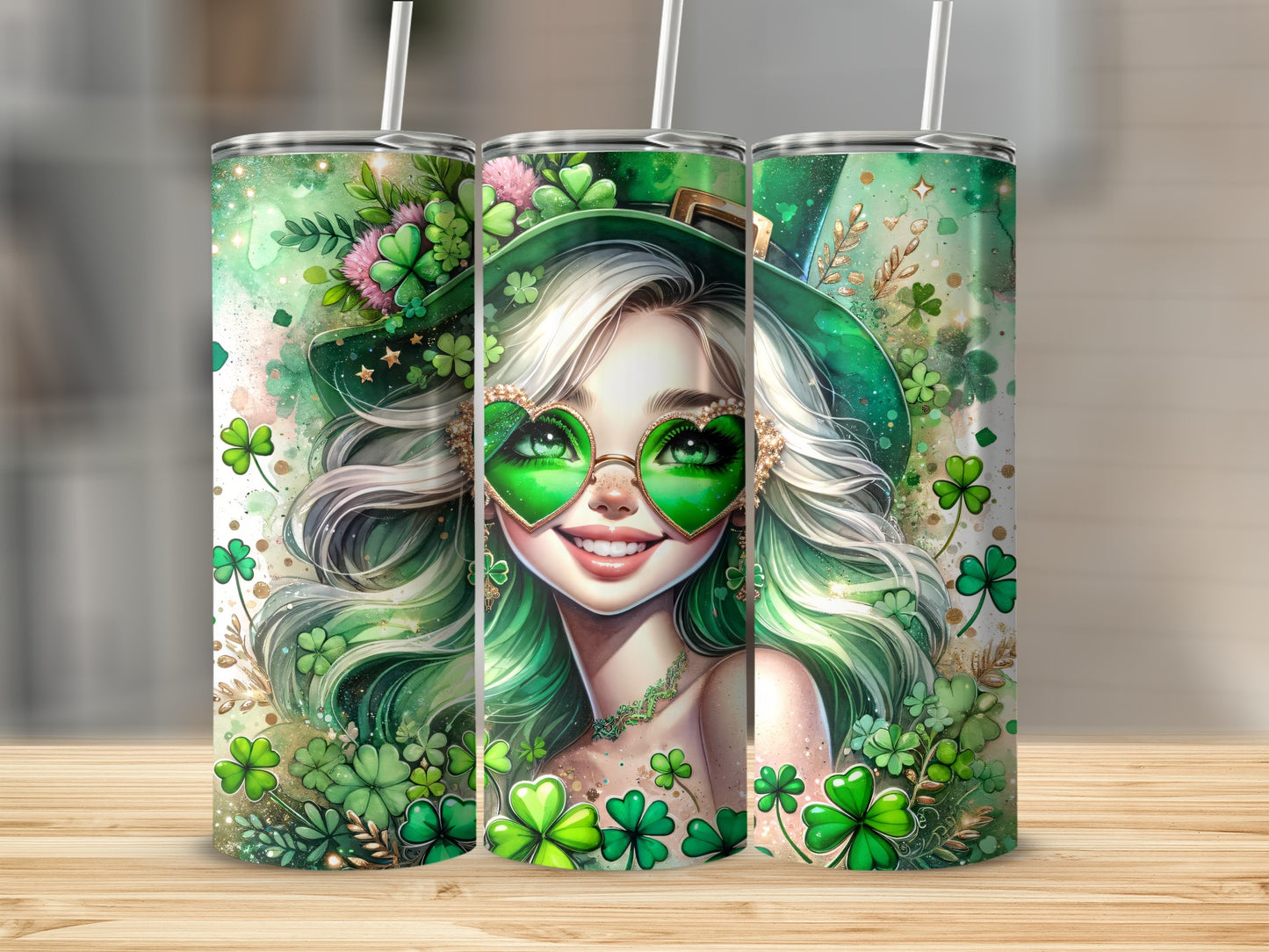 Woman in green with clover heart glasses and shamrock hat, surrounded by clovers.