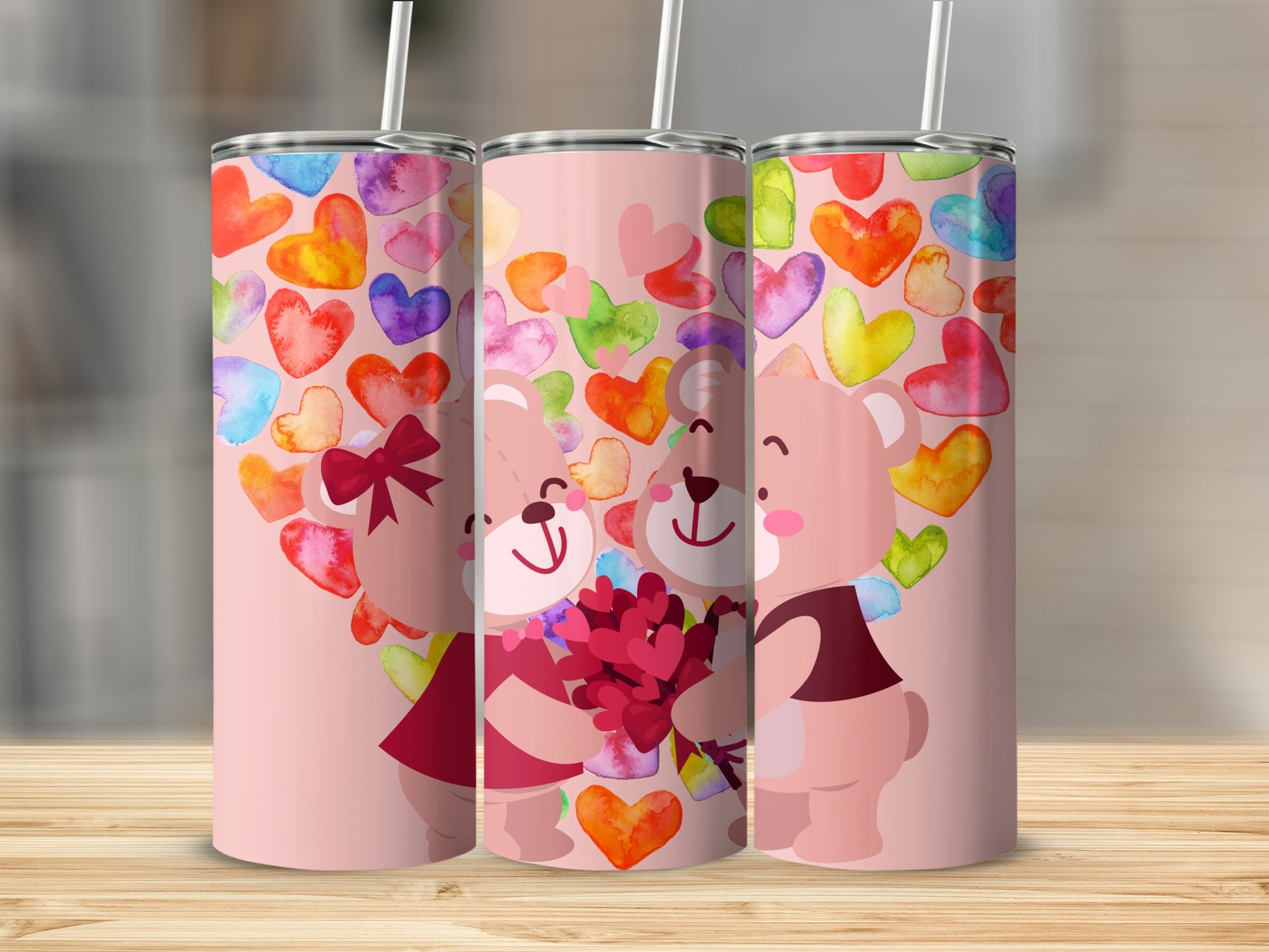 Cute Bear Couple with Colorful Hearts Tumbler