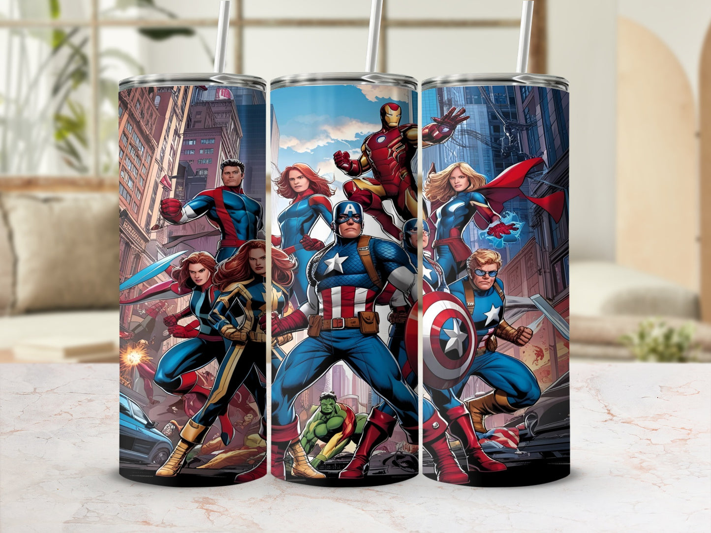 Marvel superheroes Captain America, Iron Man, Hulk, and others on patterned tumblers.