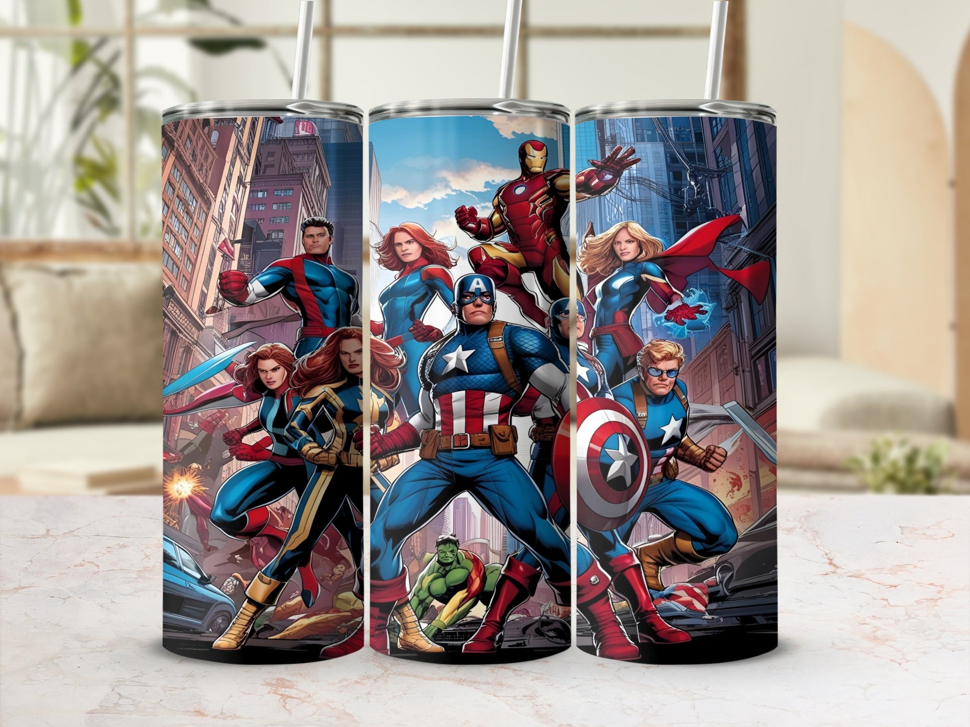 Marvel superheroes Captain America, Iron Man, Hulk, and others on patterned tumblers.