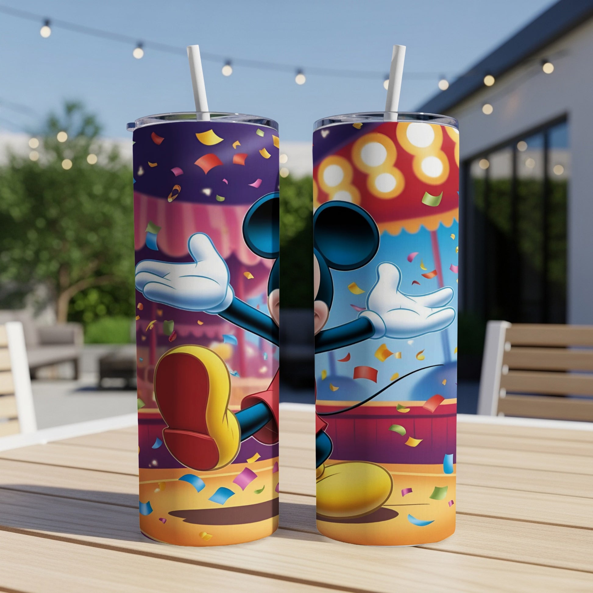 Two tumblers featuring Mickey Mouse in a festive confetti scene.