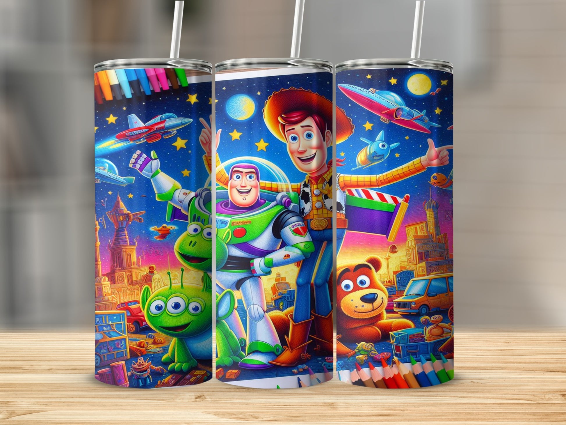 Toy Story characters Woody, Buzz, and Alien on colorful tumbler with pencils.
