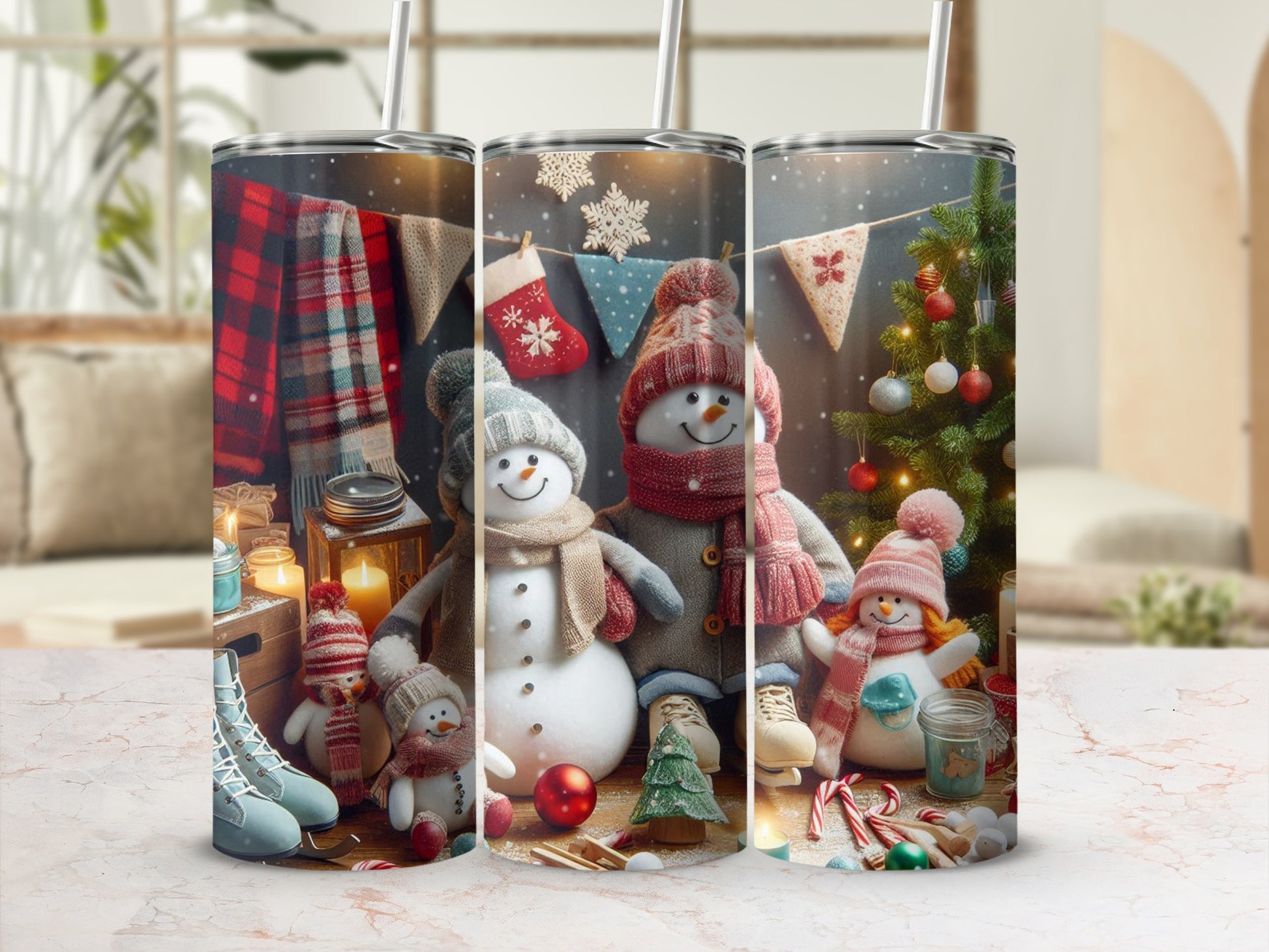 Three snowmen in hats and scarves, with Christmas tree and decorations.