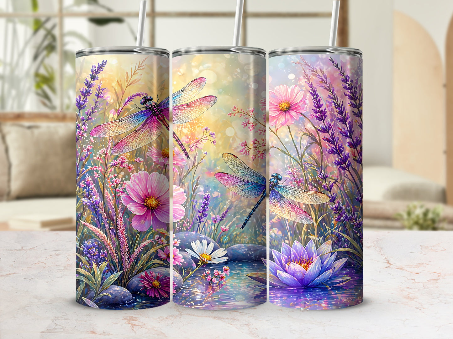 Tumbler with dragonflies and purple and pink flowers by water.