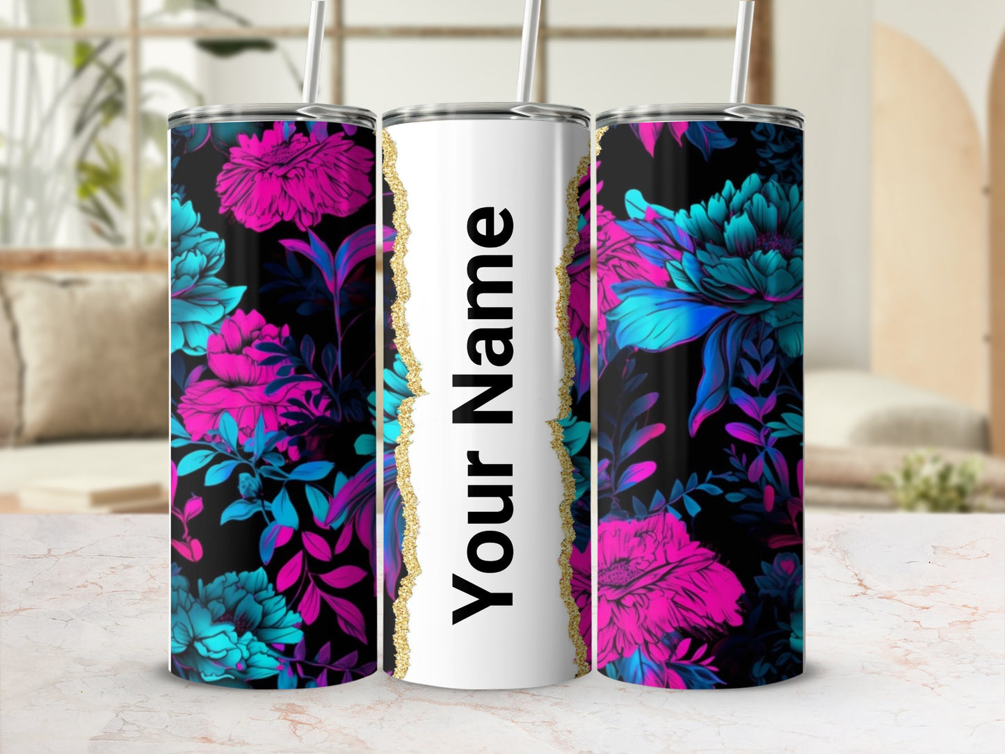 Personalized Neon Floral Design Tumbler with Custom Name