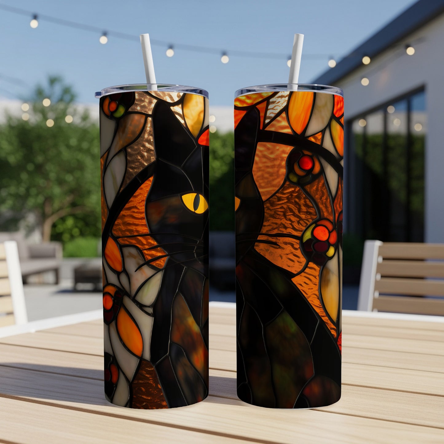 Two stained-glass effect tumblers featuring a black cat with yellow eyes.