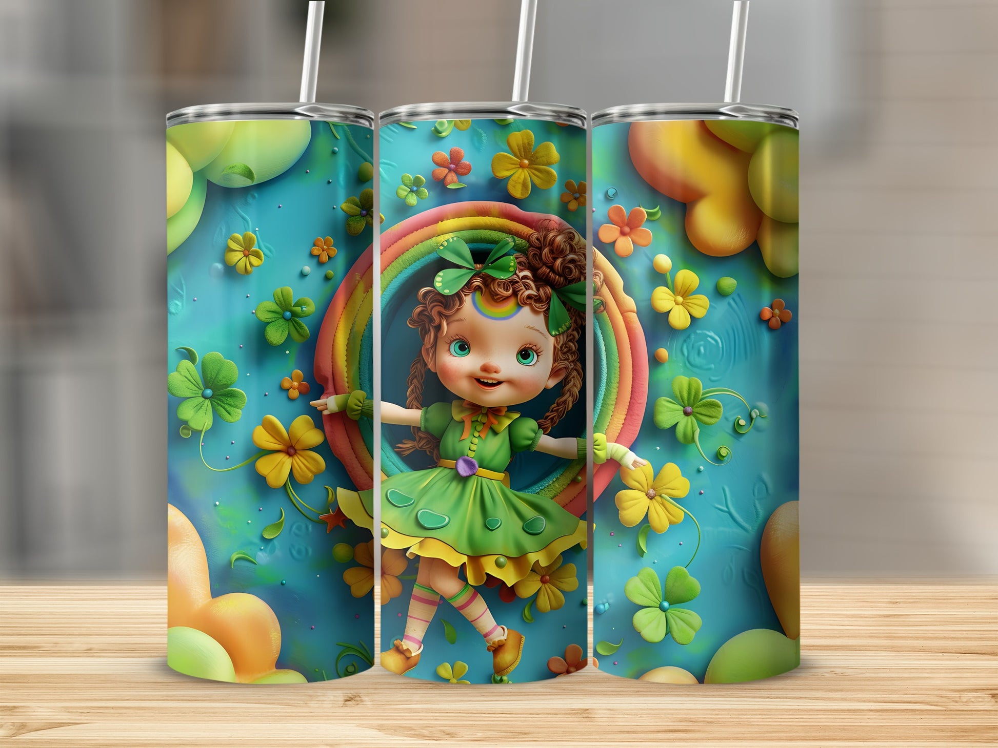 St. Patrick's Day tumbler with a happy girl, rainbow, and shamrocks.