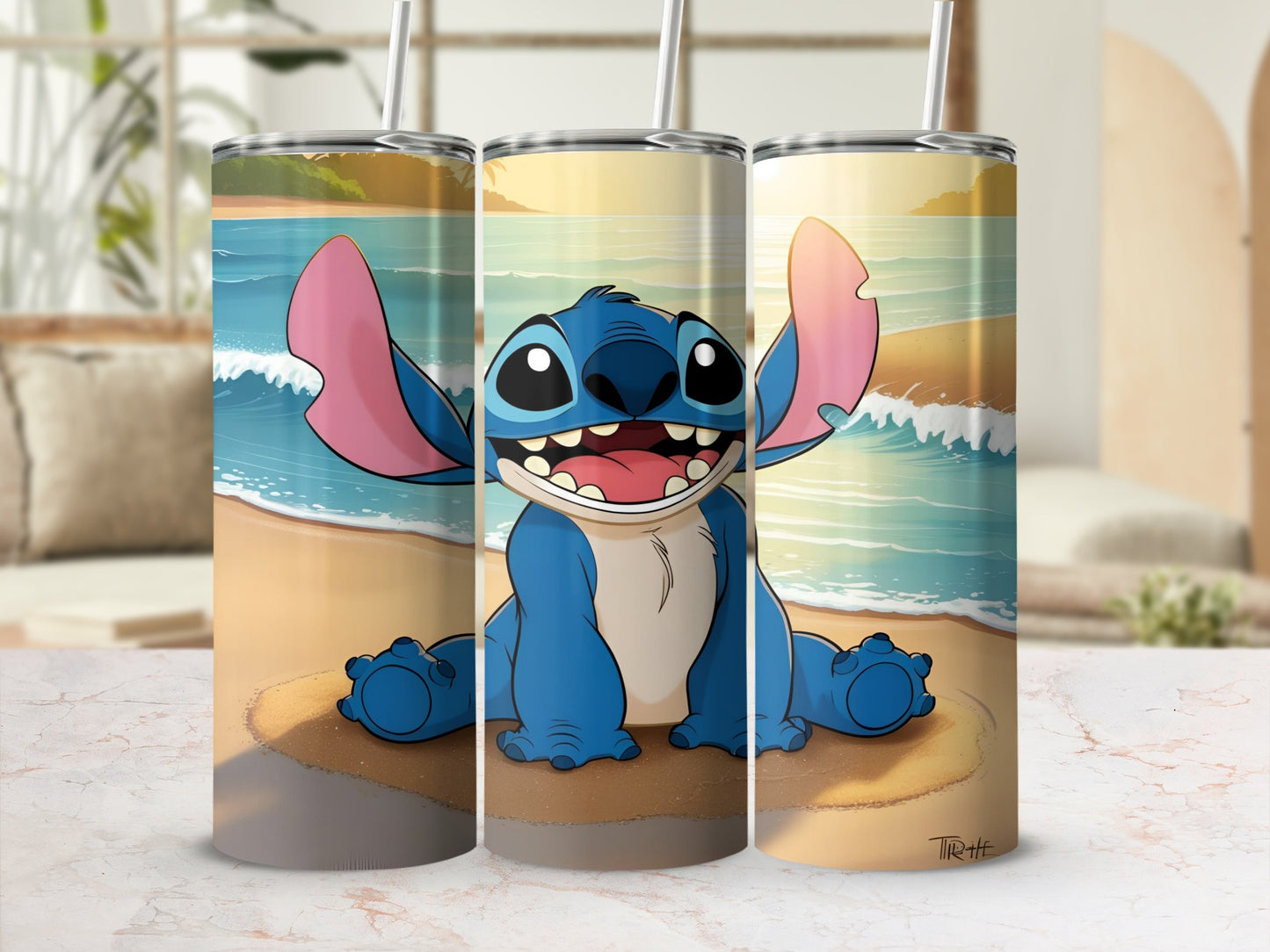 Stitch sitting on a beach with waves, smiling, on three tumblers.