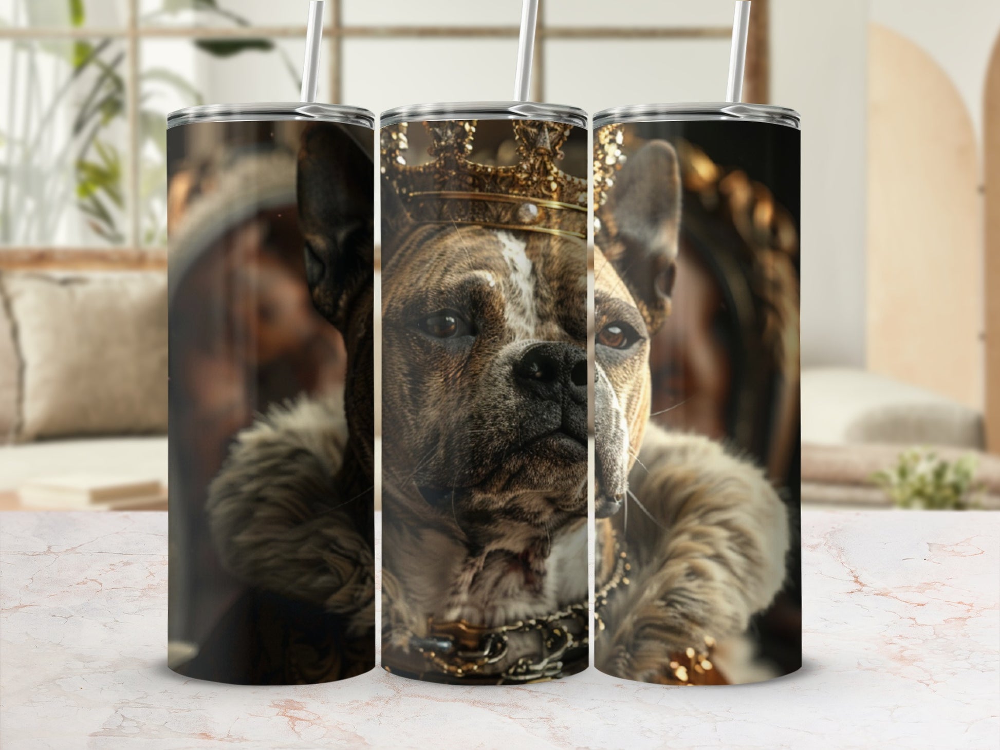 French bulldog wearing a crown and fur stole, depicted on a tumbler.