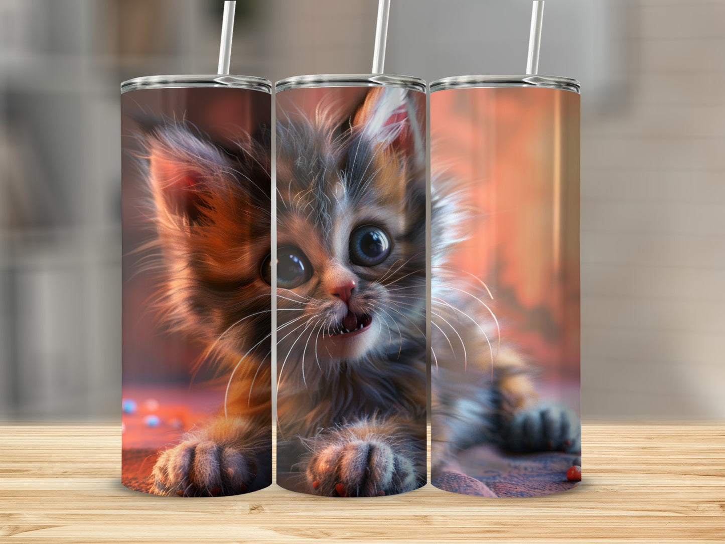 Three close-up views of a startled kitten on a wooden surface with blurred background.