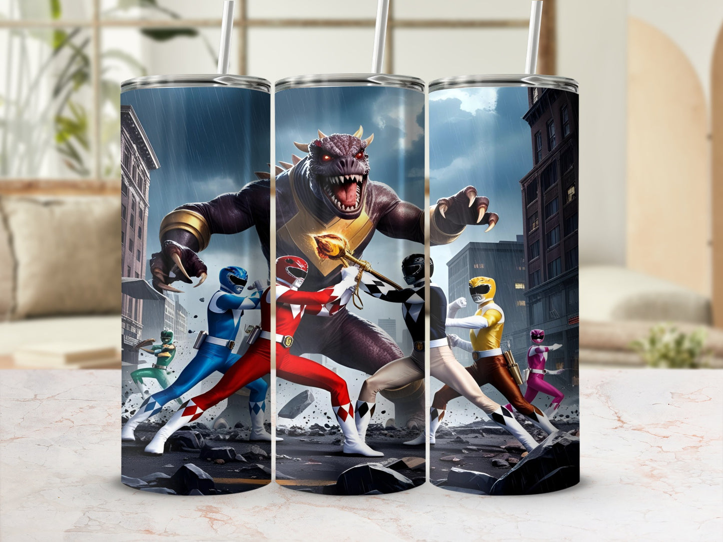 Power Rangers fighting a monster in a city.