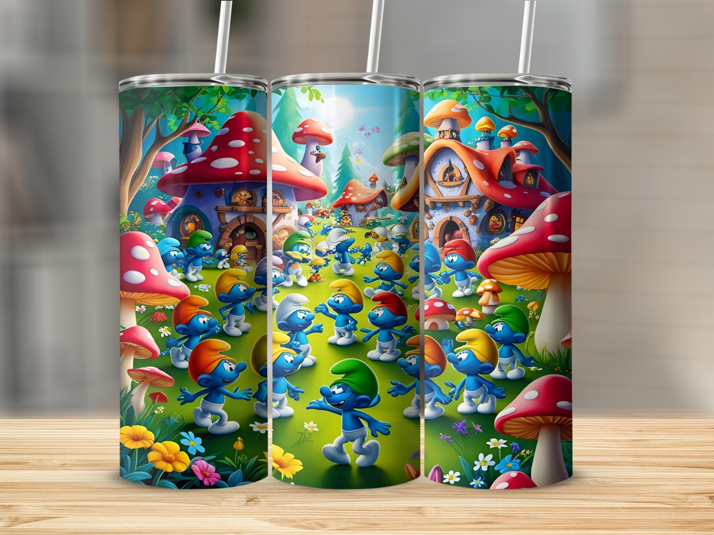 Smurfs in a village with mushroom houses and flowers.