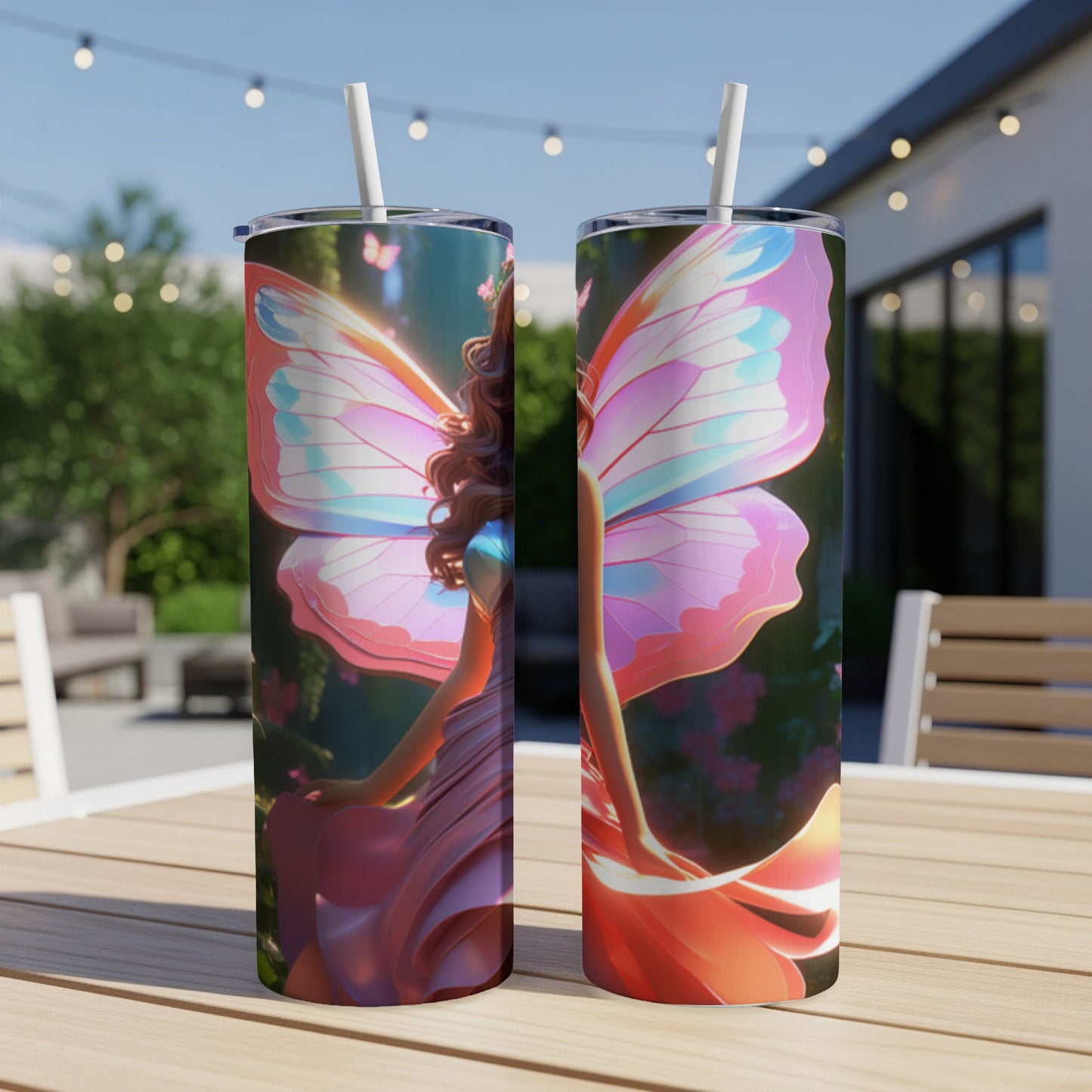 Fairy with pink wings and flowing dress on a tumbler.