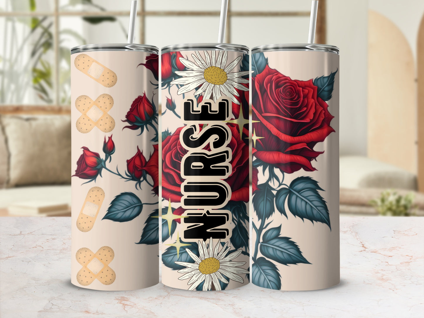 Nurse tumbler with red roses, daisies, and bandages.