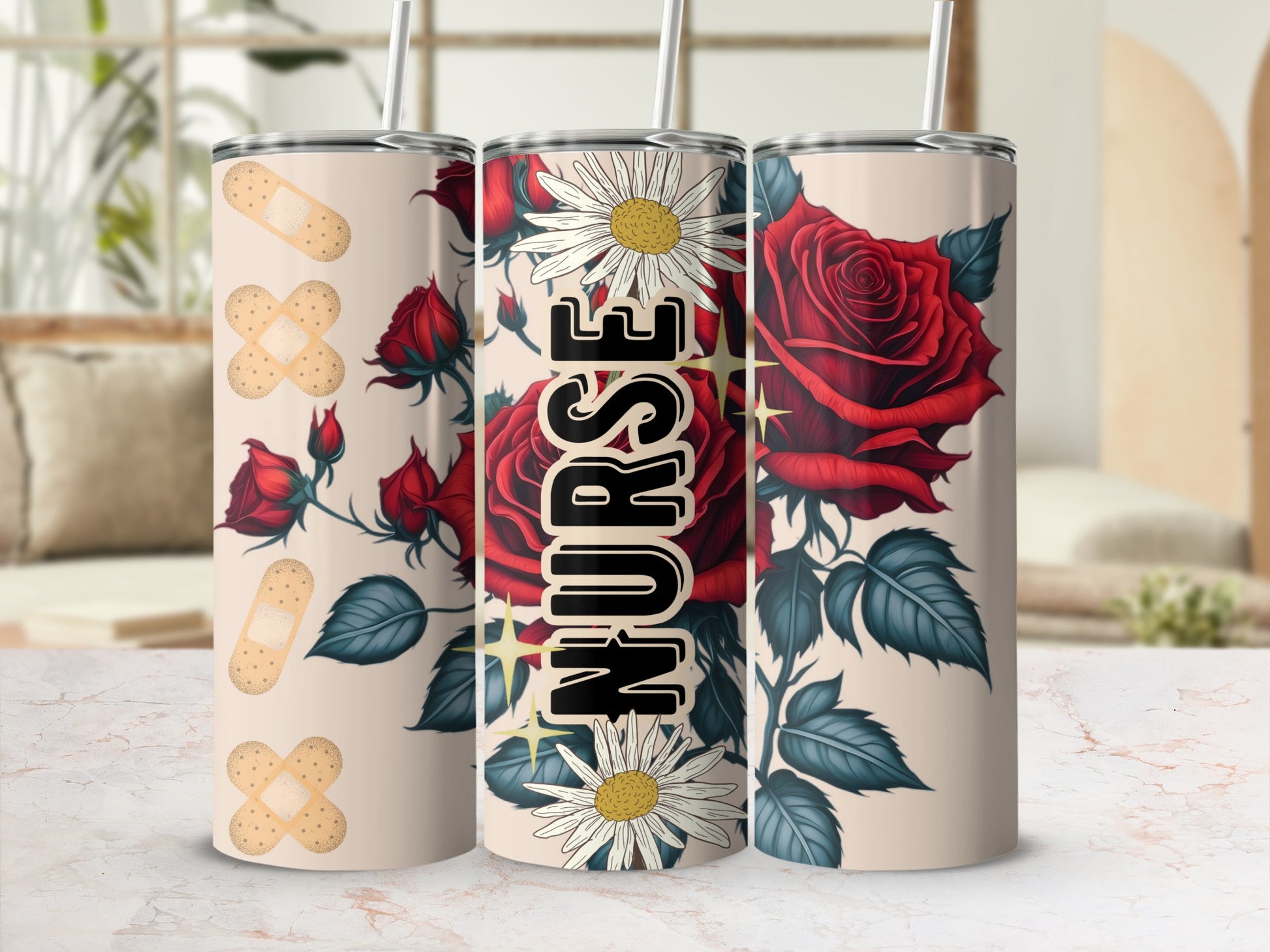 Nurse tumbler with red roses, daisies, and bandages.