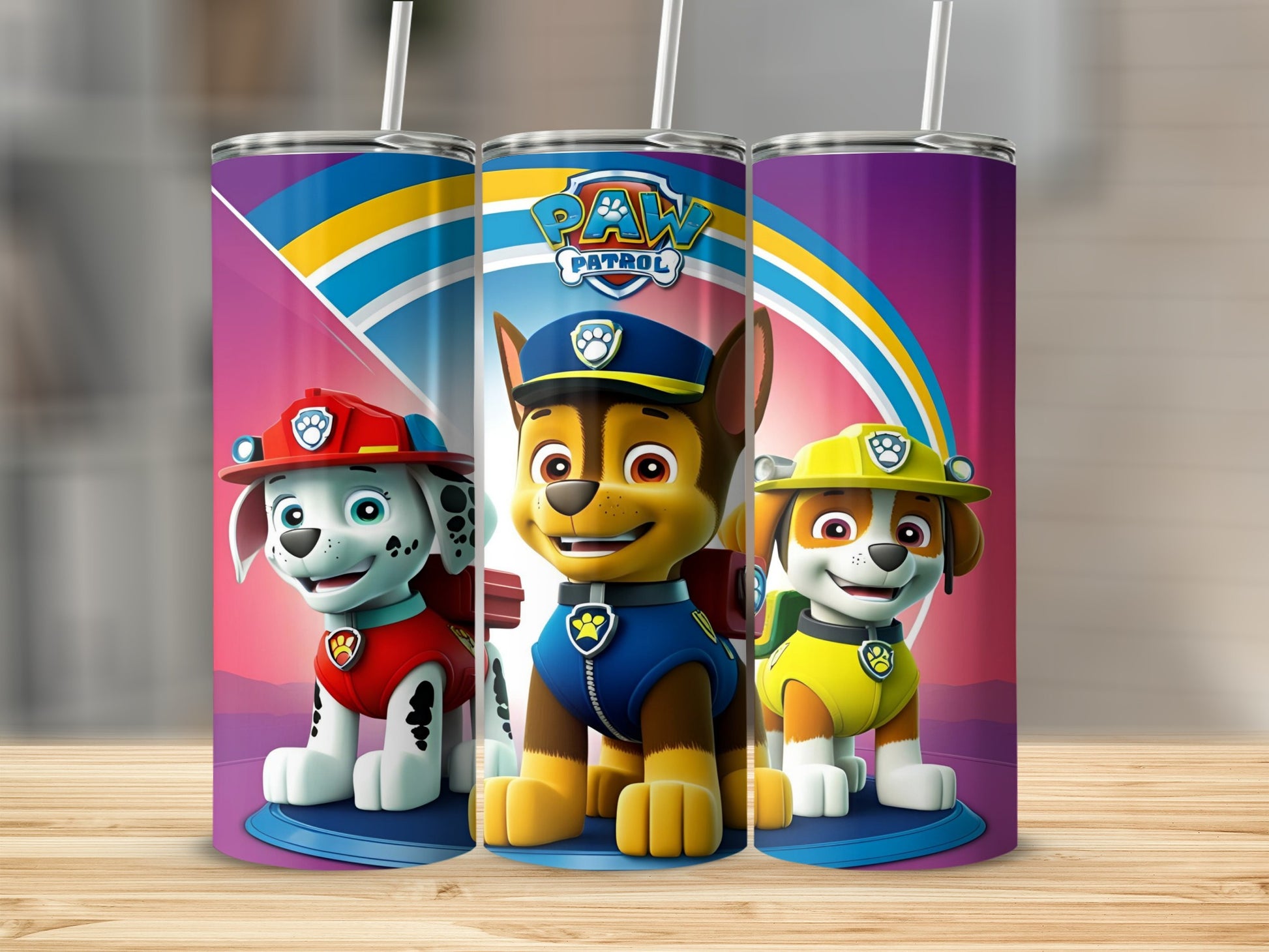 Paw Patrol characters Chase, Marshall, and Rubble on a colorful, abstract background.