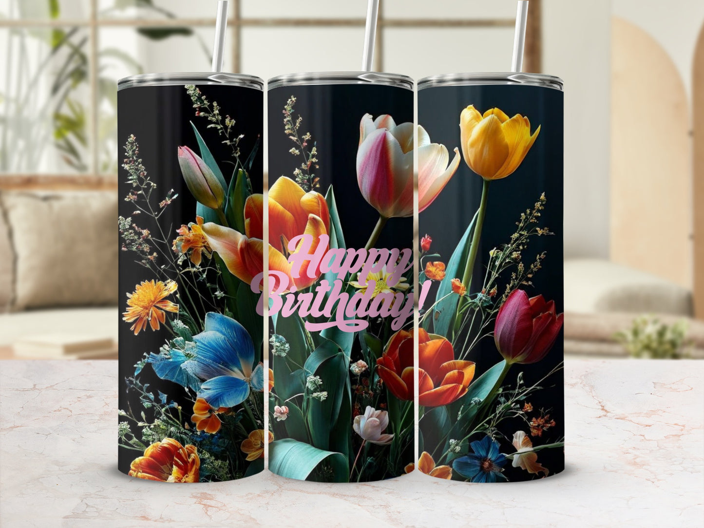 Black tumbler with colorful tulips and "Happy Birthday!" text.