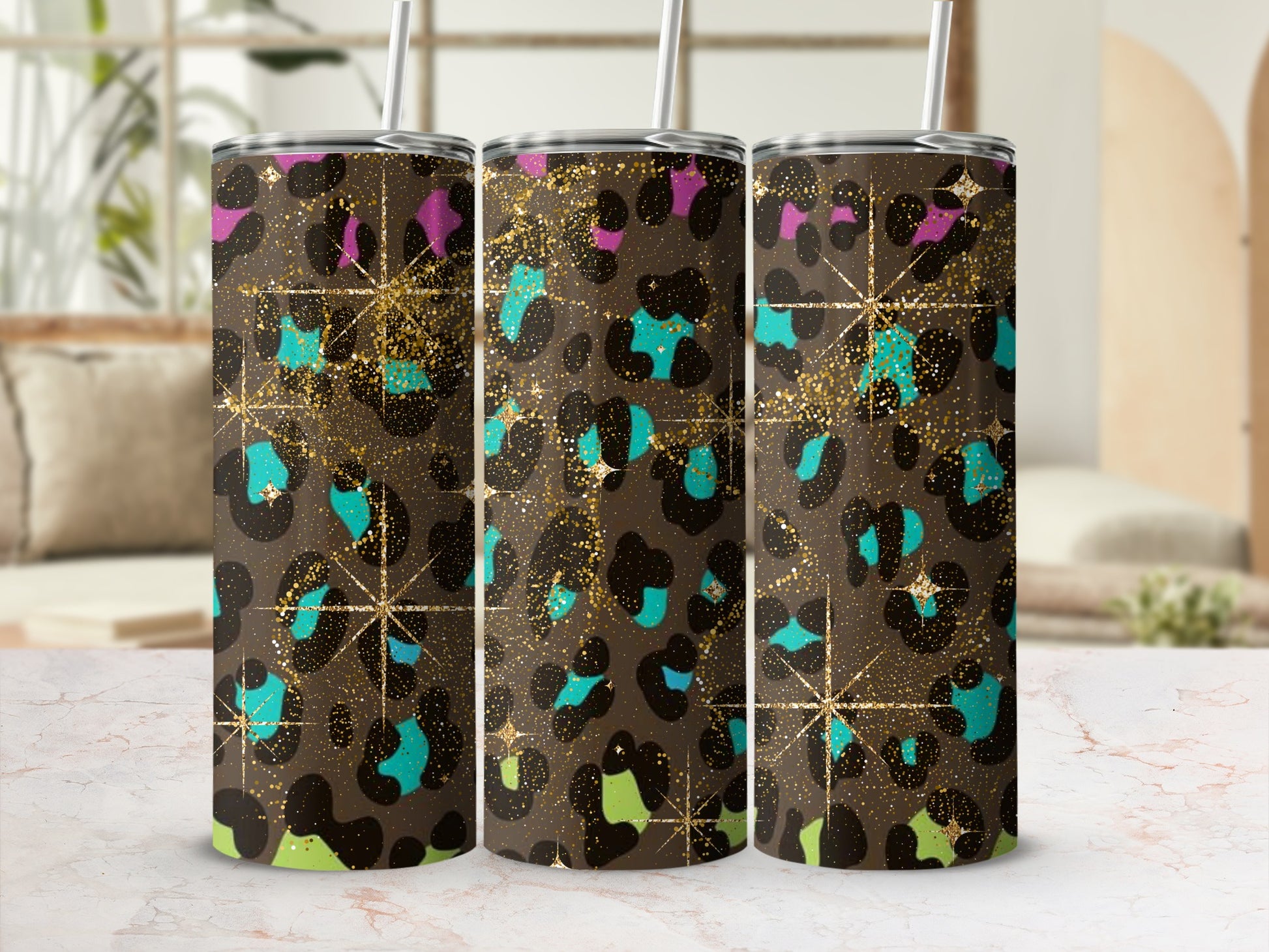 Colorful Gold Speckled Leopard Print Tumbler Set