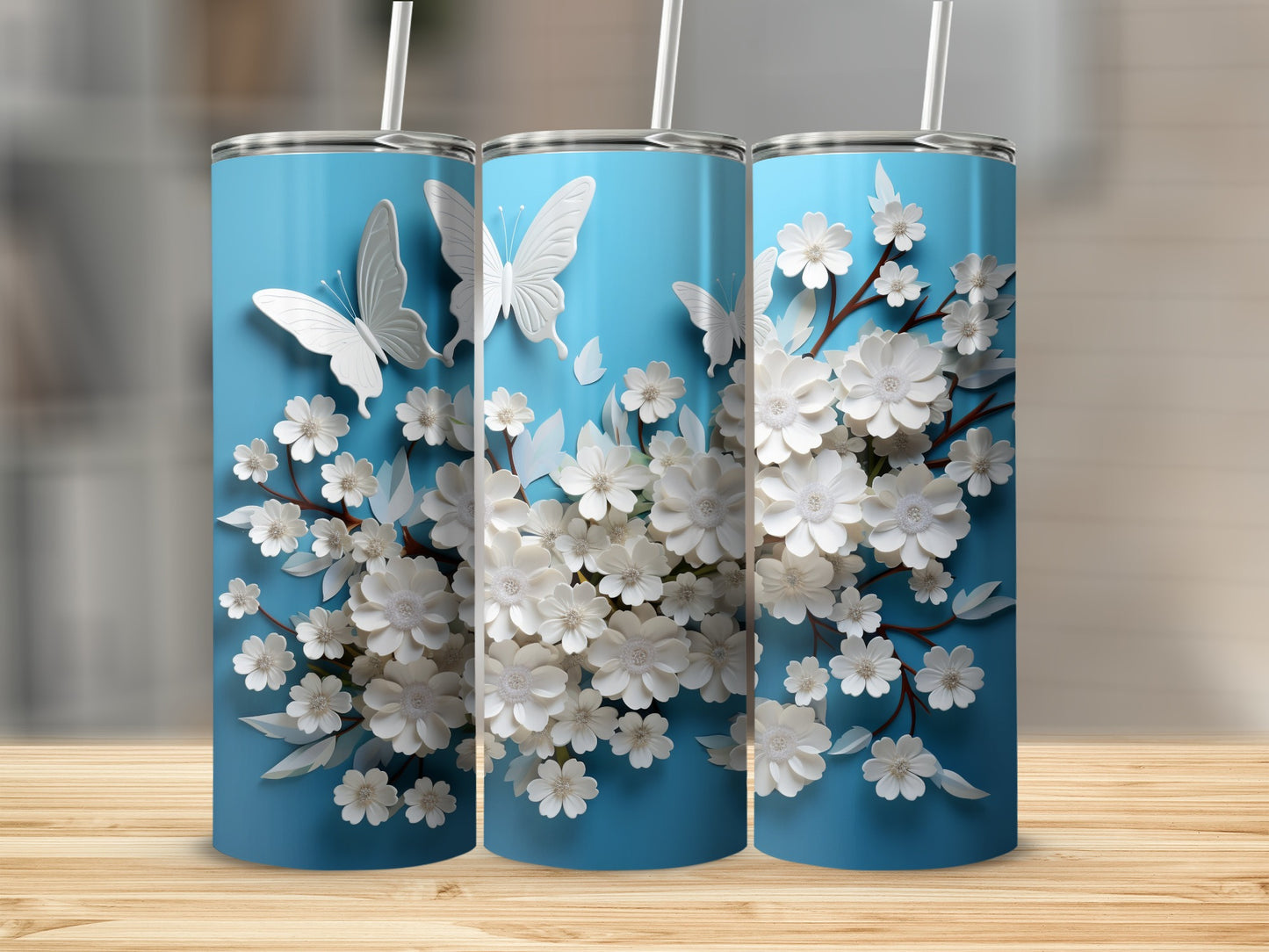 Blue 3D Butterflies White Flowers Branches Tumbler product type