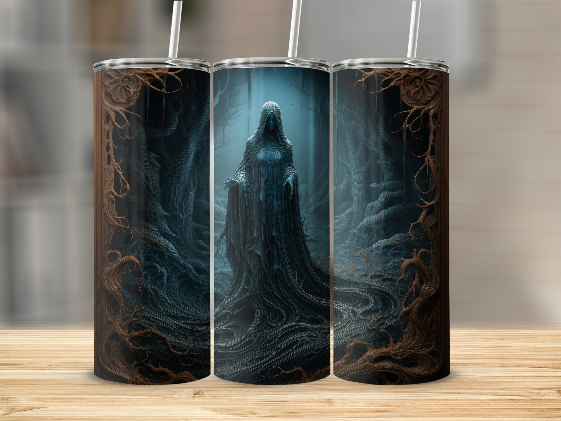Tumblers with a dark, spooky forest design featuring a hooded figure.