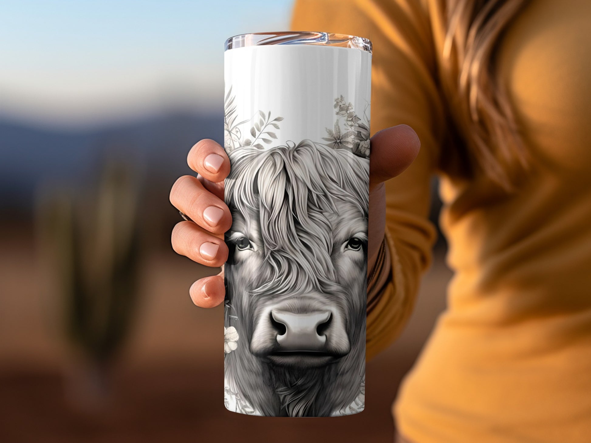 Highland Cow and Floral Design Printed Tumbler Cup