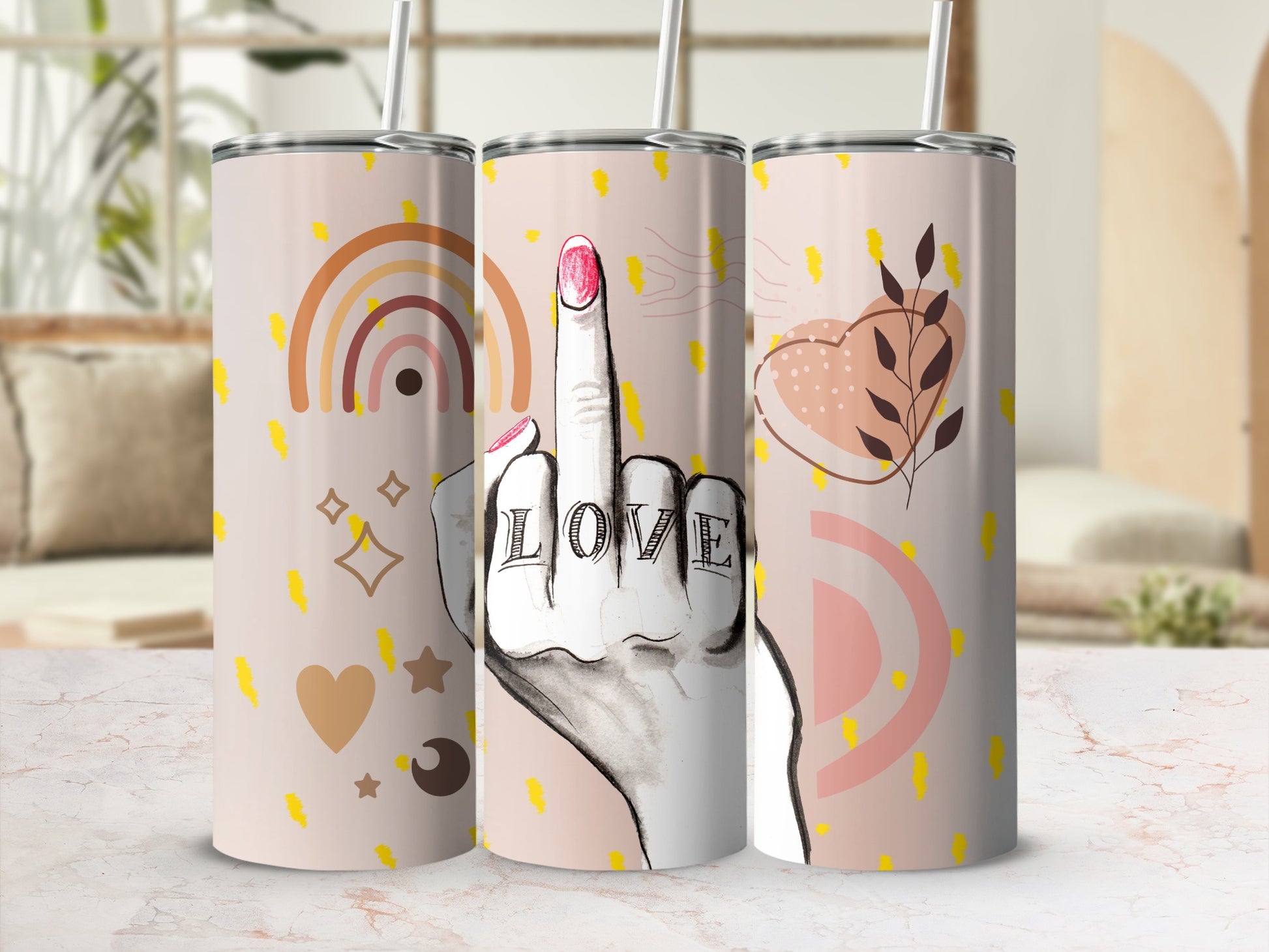 Vibrant Rainbow and Love Themed Tumbler with Straw