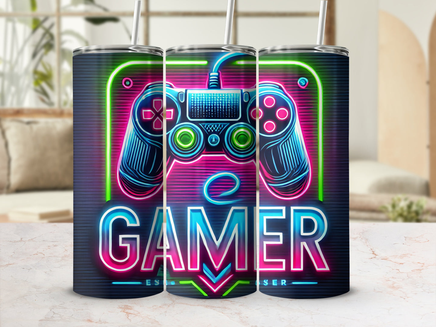 Neon gamer controller with "GAMER EST 2020" text on a tumbler.