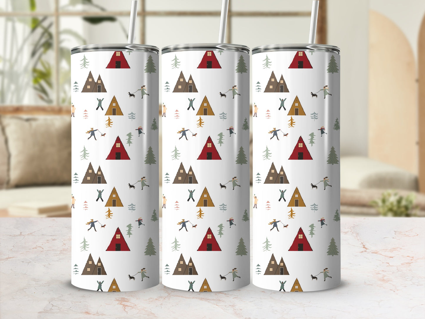 Three tumblers with a woodland pattern of trees, houses, and people walking dogs.