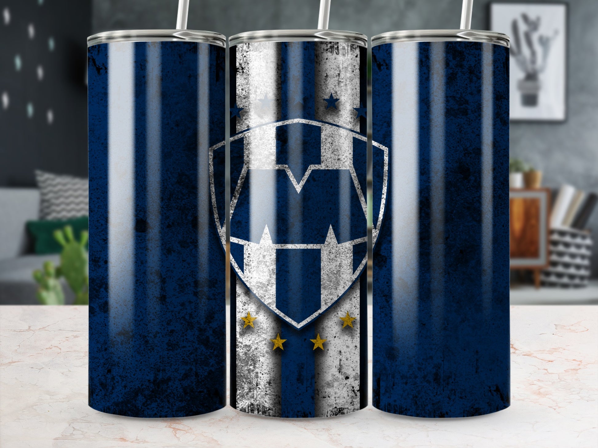 Blue and White Shield Design on Tumbler
