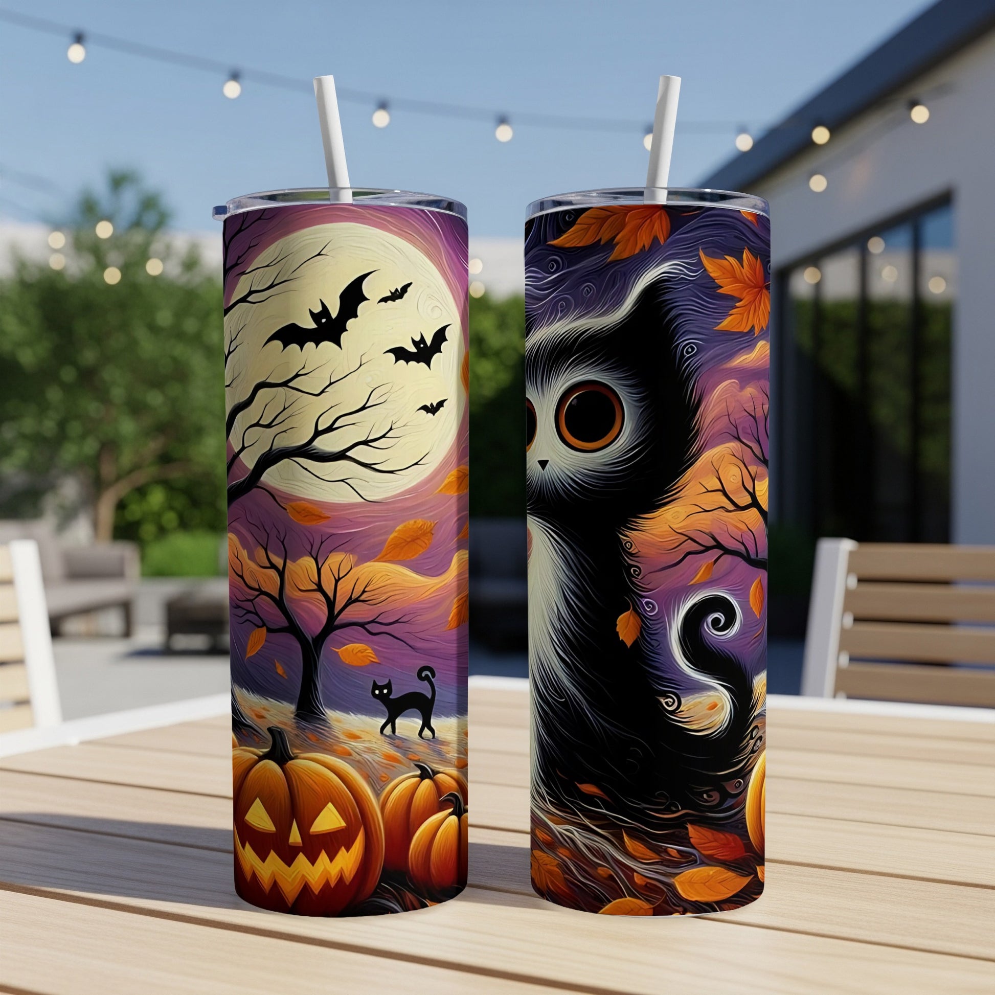 Two Halloween-themed tumblers with a black cat, pumpkins, bats, and fall leaves on a wooden table.