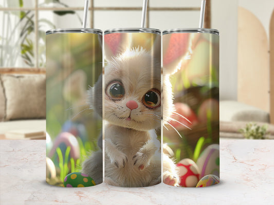 Three tumblers with a cute cartoon bunny and Easter eggs.